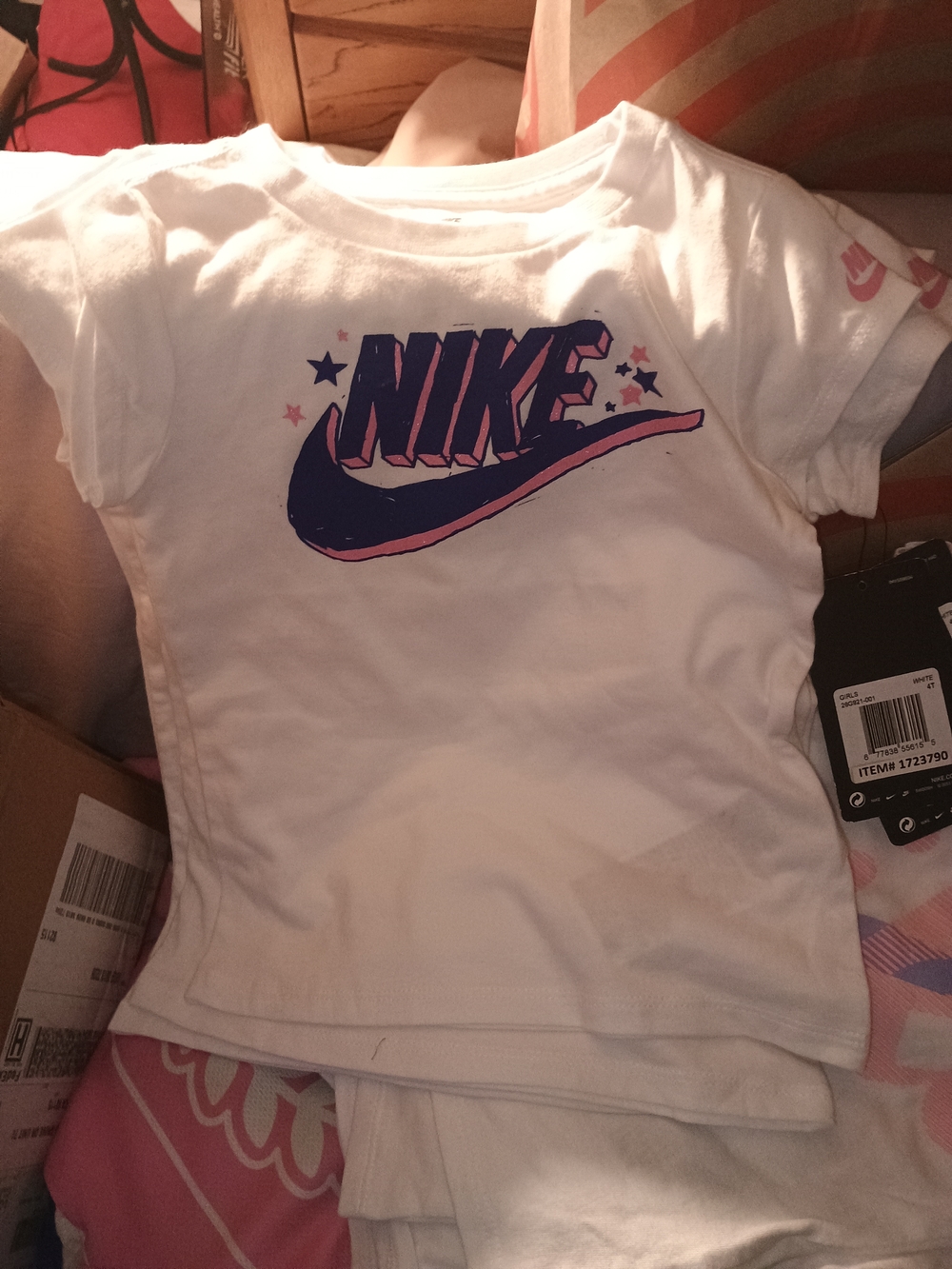 Nike White Kids Tee with Purple & Pink Logo